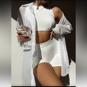 White Ribbed Crop Top, Boxer Shorts & Cover Up Shirt